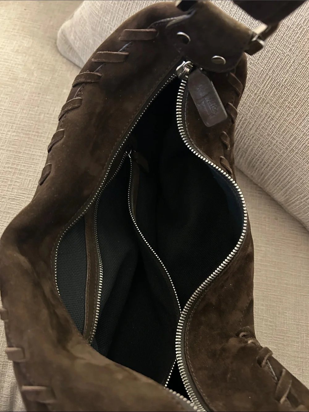 Tod's Dark Brown Suede Shoulder Bag with Braided Trim